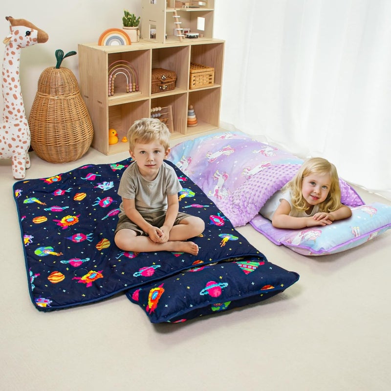 Beavtaens Toddler Nap Mat with Pillow and Minky Blanket, Large 55"x35" Sleeping Bag, Washable, Lightweight, Easy to Roll, Perfect for Preschool, Daycare, Kindergarten, Travel, Boys and Girls(Space) - Image 3